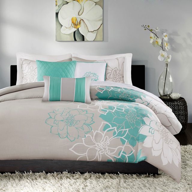 Olliix by Madison Park 6 Piece Aqua Full/Queen Lola Printed Duvet Cover Set-1