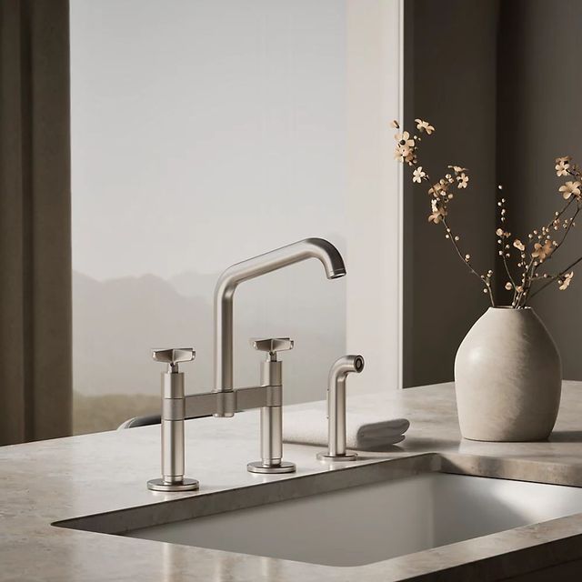 KOHLER® Billet® Vibrant Stainless 2-Hole Bridge Kitchen Sink Faucet with Side Sprayer-1