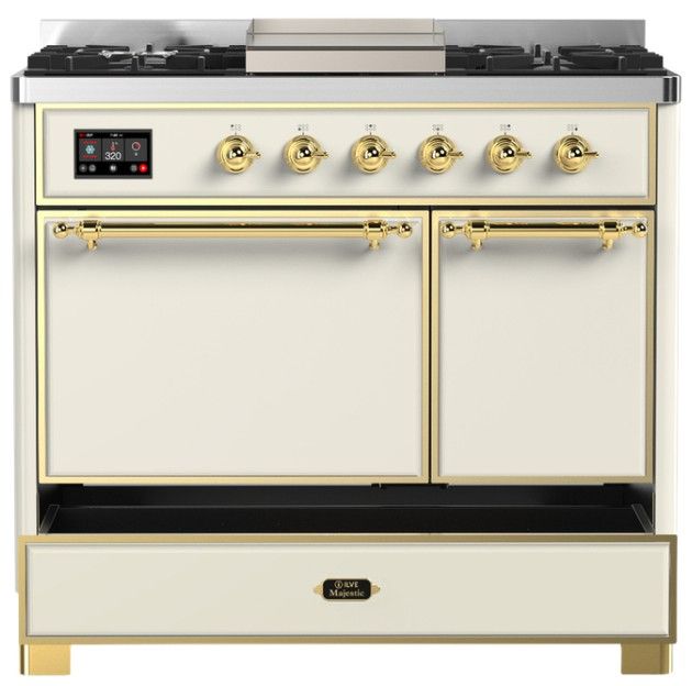 Ilve® Majestic III 40" Antique White Pro Style Dual Fuel Natural Gas Range with Solid Door and Brass Trim-2
