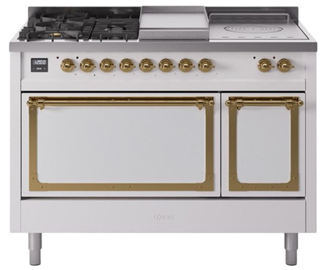 Ilve® Nostalgie II Noblesse 48'' White Pro Style Dual Fuel Range with Brass Trim-0
