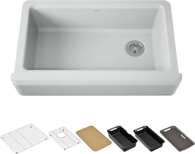 KOHLER® Riverby® Ice Gray 36" Undermount Single-Bowl Farmhouse Workstation Kitchen Sink with Accessories-0