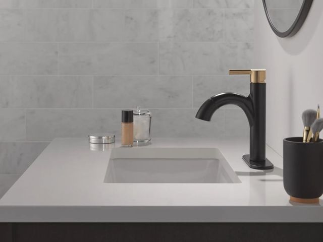 Delta Nicoli® Champagne Bronze/Matte Black Single Handle Arched Pull-Down Bathroom Faucet-2