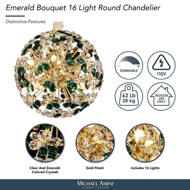 Michael Amini® Bouquet Emerald/Gold 16-Light Round Chandelier-3