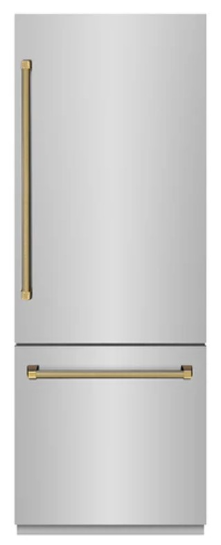 ZLINE Autograph Edition 30 in. 16.1 cu. ft. Built-In Bottom Freezer Refrigerator with Water Dispenser and Ice Maker in Stainless Steel with Graphite Gray Interior and Polished Gold Helix Handles (GRBIVZ-30430KG)