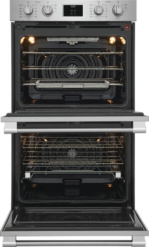 Front view of an opened Frigidaire Professional® 30" Smudge-Proof® Stainless Steel Double Electric Wall Oven