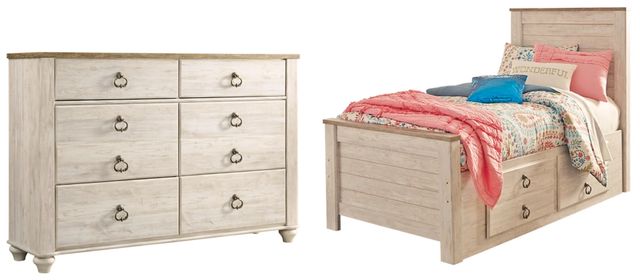 Signature Design by Ashley® Willowton 2-Piece Whitewash Twin Panel Bed with 2 Storage Drawers with Dresser Set-0