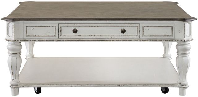 Liberty Furniture Magnolia Manor Weathered Bark Oversized Square Cocktail Table with Antique White Base-2