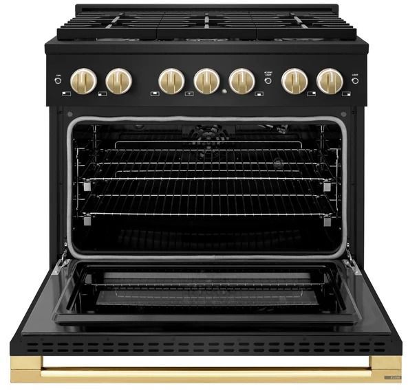ZLINE Marino 36" Black Stainless Steel Pro Style Gas Range with Polished Gold Accents-1