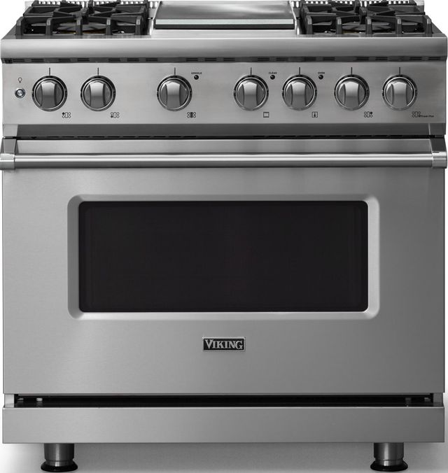 Viking® 5 Series 36" Stainless Steel Pro Style Dual Fuel (NG) Range with Polished Chrome Trim-0
