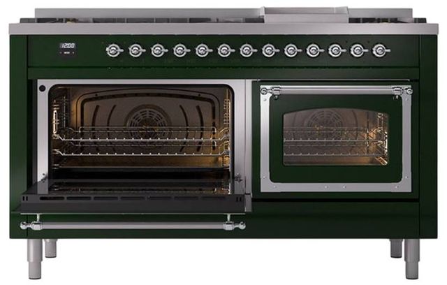 Ilve® Nostalgie II Noblesse 60'' Emerald Green Pro Style Dual Fuel Range with Chrome Trim-3