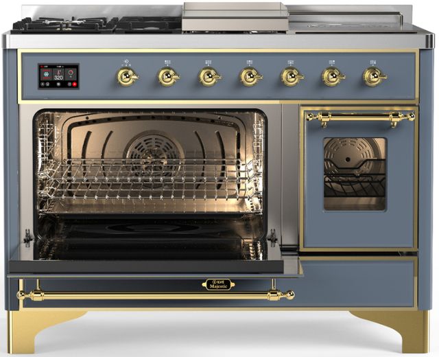 Ilve® Majestic III 48" Blue Gray Pro Style Dual Fuel Liquid Propane Range with 5 Black Brass Burners and Brass Trim-2