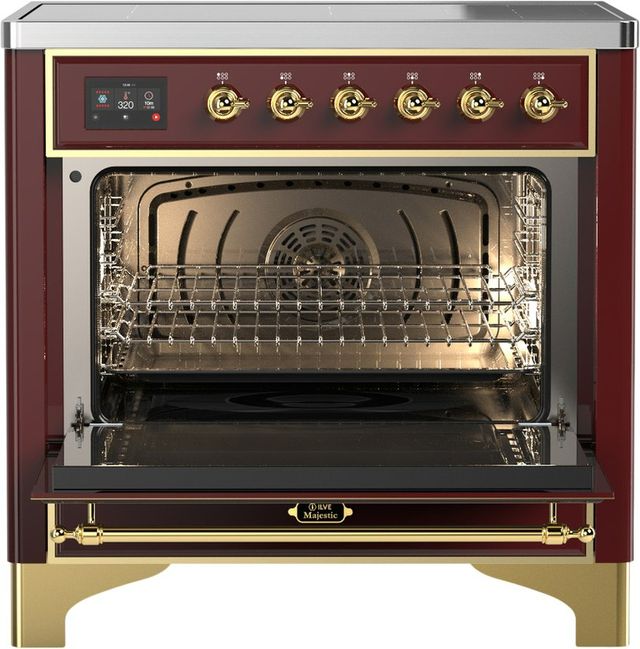 Ilve® Majestic III 36" Burgundy Pro Style Induction Range with Solid Door and Brass Trim-1