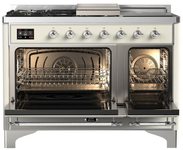 Ilve® Majestic III 48" Antiqued White Pro Style Dual Fuel Liquid Propane Range with Triple Glass Door and Chrome Trim-1