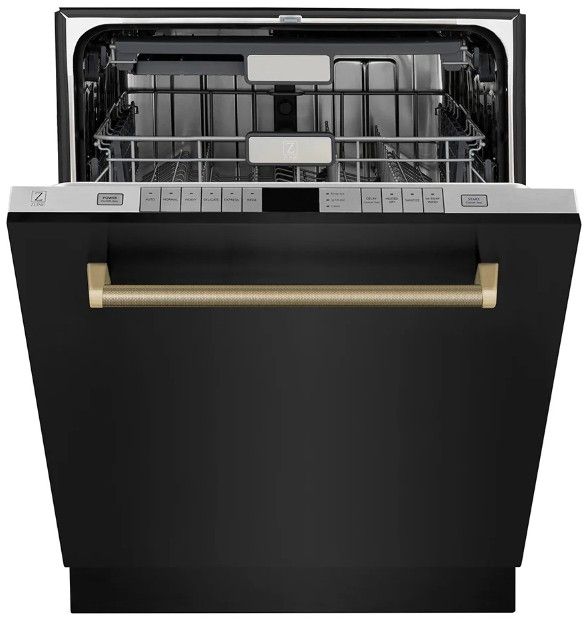 ZLINE Autograph Edition Monument 24" Black Stainless Steel Top Touch Control 3rd Rack Dishwasher with Auto Door Open Drying and Champagne Bronze Helix Handle-1