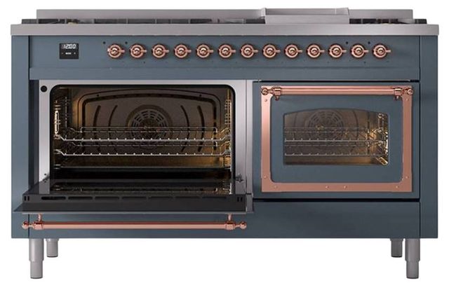 Ilve® Nostalgie II Noblesse 60'' Blue Gray Pro Style Dual Fuel Range with Copper Trim-3