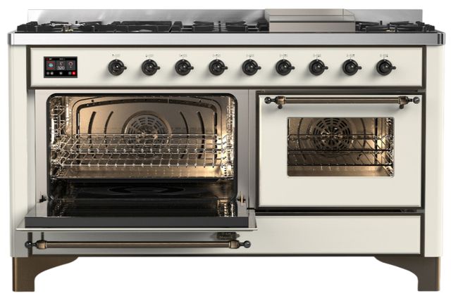 Ilve® Majestic III 60" Antique White Pro Style Dual Fuel Natural Gas Range with Triple Glass Door and Burnished Trim-3