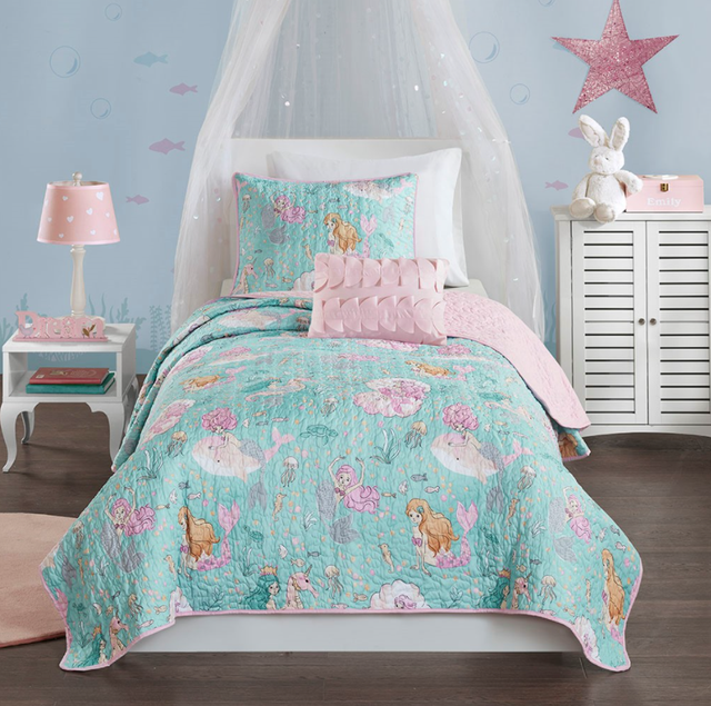 Olliix by Mi Zone Kids Darya Aqua/Pink Full/Queen Printed Mermaid Reversible Coverlet Set-1