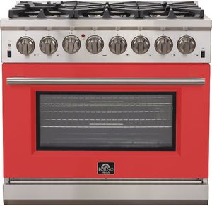 FORNO Alta Qualita 36" Stainless Steel Freestanding Dual Fuel Range with Red Door