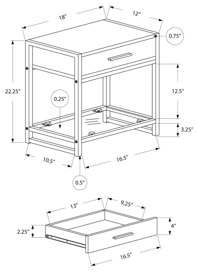 Monarch Specialties Inc. White 22"H Drawer Accent Table with Silver Metal Base-3