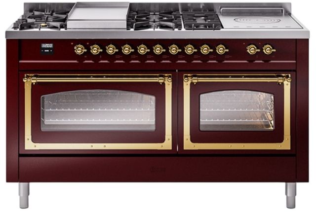 Ilve® Nostalgie II Noblesse 60'' Burgundy Pro Style Dual Fuel Range with Brass Trim-0