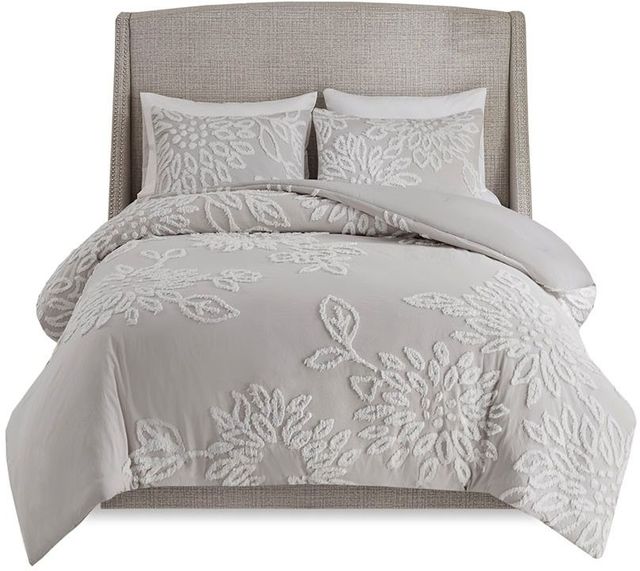 Olliix by Madison Park 3 Piece Grey/White King/California King Veronica Tufted Cotton Chenille Floral Comforter Set-0