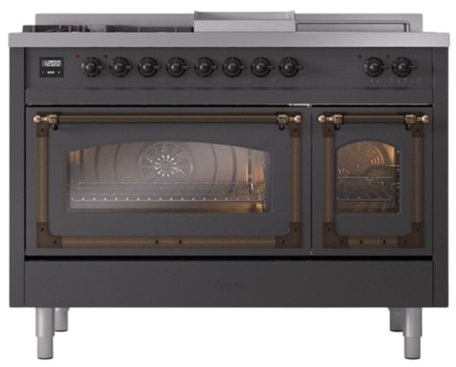 Ilve® Nostalgie II Noblesse 48'' Graphite Matte Pro Style Dual Fuel Range with Burnished Trim-1