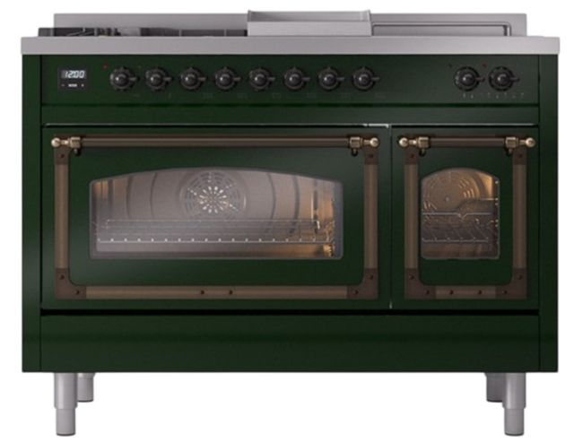Ilve® Nostalgie II Noblesse 48'' Emerald Green Pro Style Dual Fuel Range with Burnished Trim-1