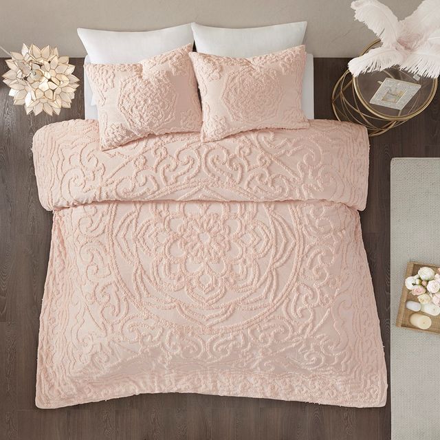 Olliix by Madison Park Blush Full/Queen Laetitia Tufted Cotton Chenille Medallion Comforter Set-1