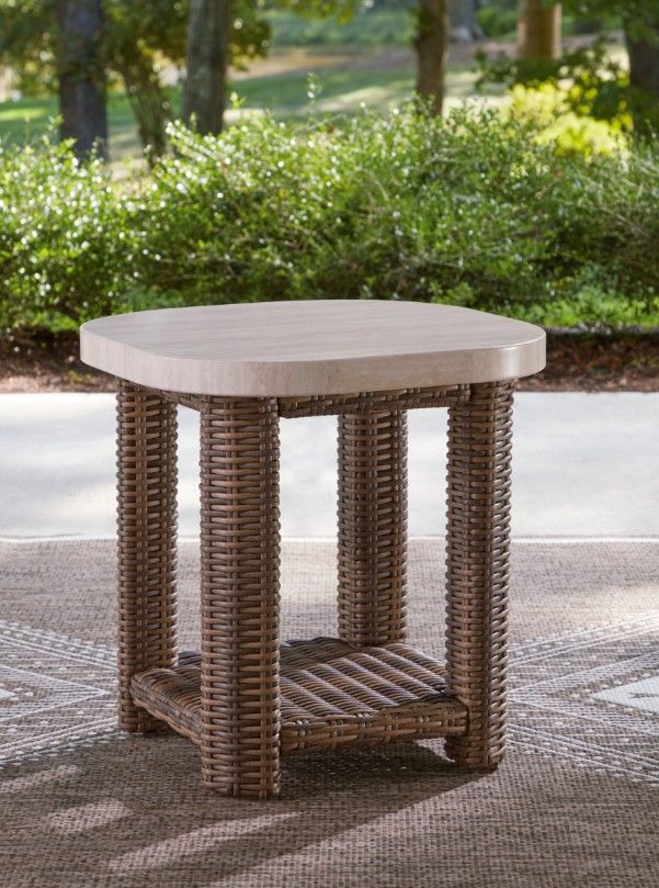 Signature Design by Ashley® Dolan Creek Beige Aluminum Outdoor End Table with Brown Base-4