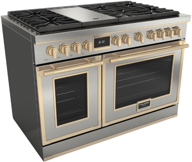 Fulgor Milano® Evoque 400 Series 48” Custom Pro Style Dual Fuel Range with Brushed Brass Trim-0