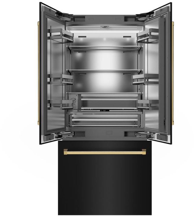 ZLINE Autograph Edition 36" 19.6 Cu. Ft. Black Stainless Steel Built-In French Door Refrigerator with Polished Gold Accents-1