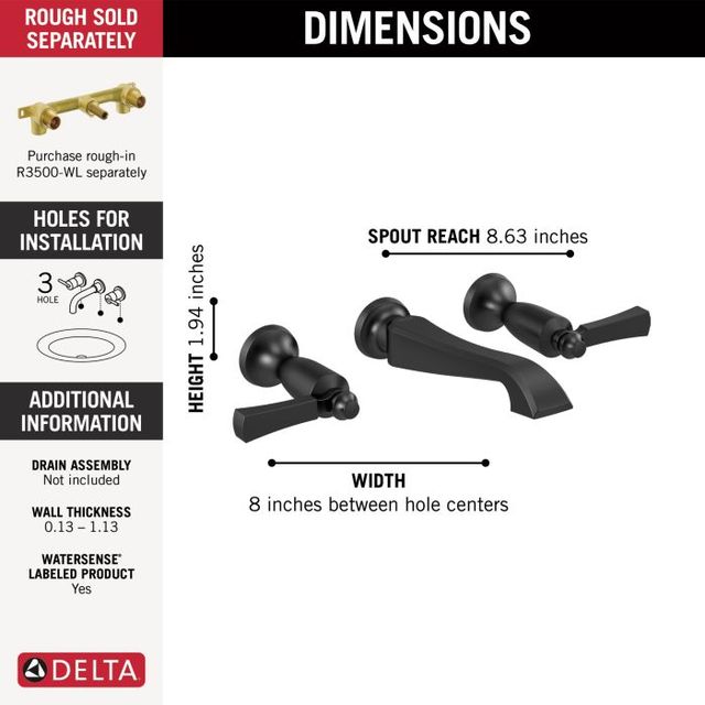 Delta Dorval® Matte Black 2-Handle Wall Mount Bathroom Faucet Trim Only-1