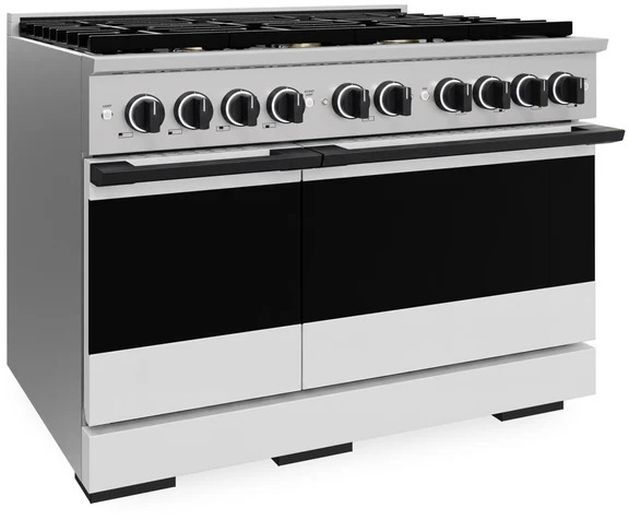 ZLINE Marino 48" Stainless Steel Pro Style Dual Fuel Range with White Matte Door and Matte Black Accents-3
