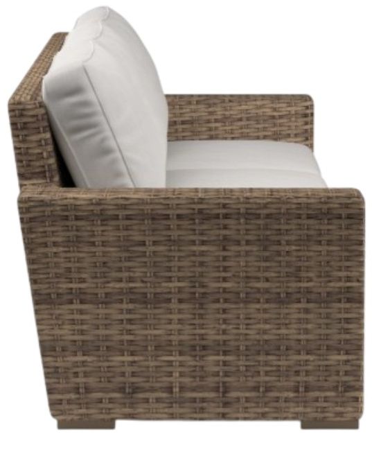 Sunset West Havana Aged Tobacco Resin Wicker Outdoor Sofa with Canvas Flax Cushion-1