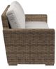 Sunset West Havana Aged Tobacco Resin Wicker Outdoor Sofa with Canvas Flax Cushion-1