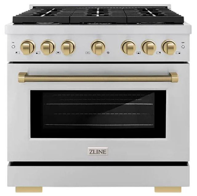 ZLINE Autograph Edition Paramount 36" Stainless Steel/Champagne Bronze Helix Handle Freestanding Gas Range with 6 Burner Cooktop and Convection Gas Oven-0