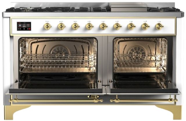 Ilve® Majestic III 60" White Pro Style Dual Fuel Natural Gas Range with Triple Glass Door and Brass Trim-1
