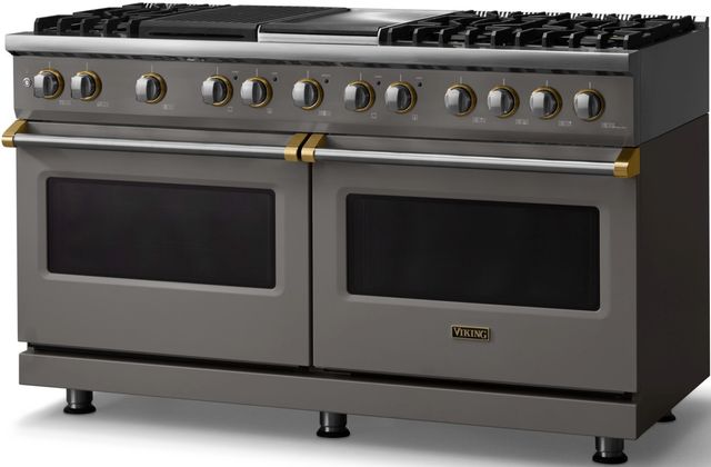 Viking® 5 Series 60" Damascus Gray Pro Style Dual Fuel (NG) Range with Brushed Brass Trim-2