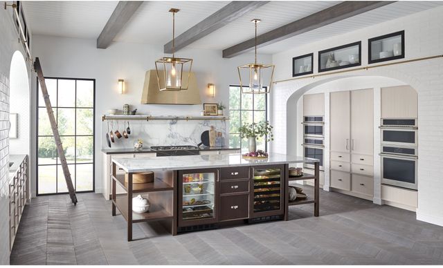 front view of a modern kitchen with Monogram steam ovens 