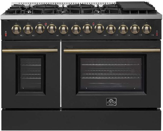 FORNO® Galiano 48" Stainless Steel Pro Style Dual Fuel Range with Black Door with Antique Brass Accents-0