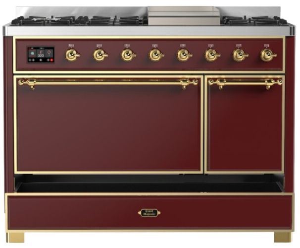 Ilve® Majestic III 48" Burgundy Pro Style Dual Fuel Liquid Propane Range with Solid Door and Brass Trim-2