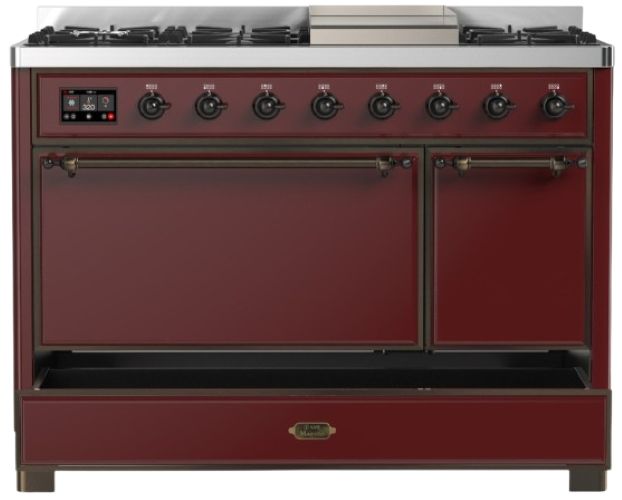 Ilve® Majestic III 48" Burgundy Pro Style Dual Fuel Natural Gas Range with Solid Door and Burnished Trim-2