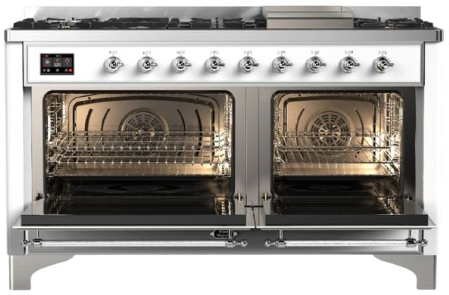 Ilve® Majestic III 60" White Pro Style Dual Fuel Natural Gas Range with Triple Glass Door and Chrome Trim-1