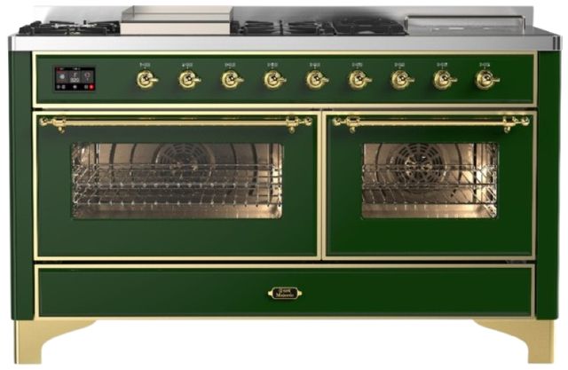 Ilve® Majestic III 60" Emerald Green Pro Style Dual Fuel Natural Gas Range with French Top and Brass Trim-0