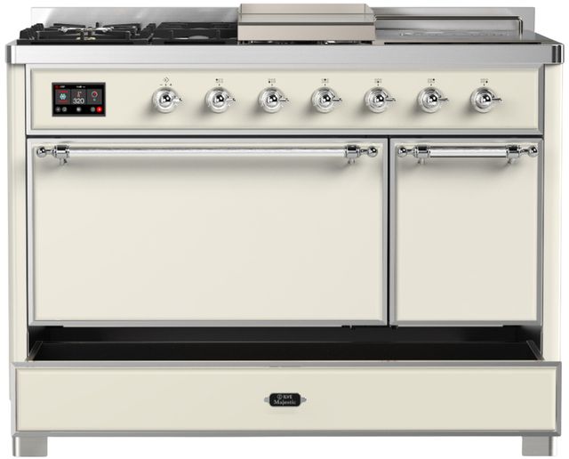 Ilve® Majestic III 48" Antique White Pro Style Dual Fuel Liquid Propane Range with 5 Black Brass Burners and Chrome Trim-1