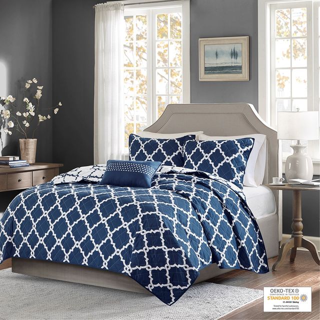 Olliix by Madison Park Essentials Merritt 4 Piece Navy Full/Queen Reversible Coverlet Set-0