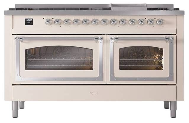 Ilve® Nostalgie II Noblesse 60'' Antique White Pro Style Dual Fuel Range with Chrome Trim-1
