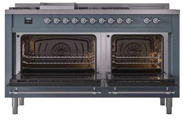 Ilve® Nostalgie II Noblesse 60'' Blue Gray Pro Style Dual Fuel Range with Chrome Trim-1