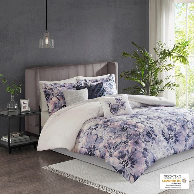 Olliix by Madison Park 7 Piece Purple Queen Enza Cotton Printed Comforter Set-1