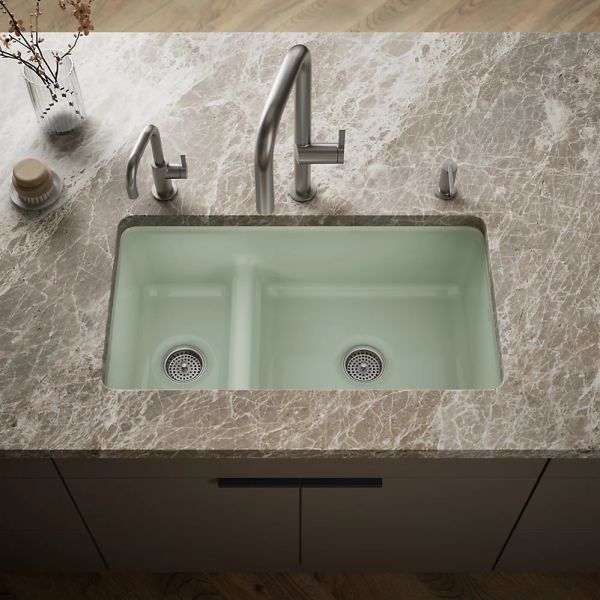 KOHLER® Iron/Tones® Aspen Green Smart Divide® 33" Top/Undermount Double Offset Bowl Kitchen Sink-1